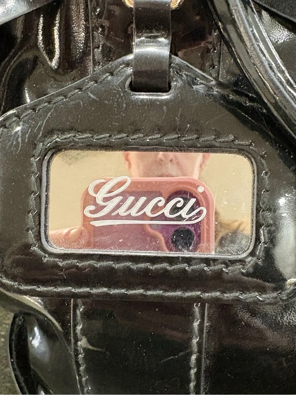 Gucci Black Patent Leather Shoulder Bag with Logo Tag
